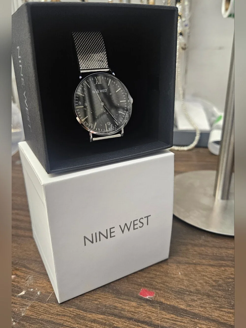 Nine West Men's Silver Mesh Strap Watch with Black Dial